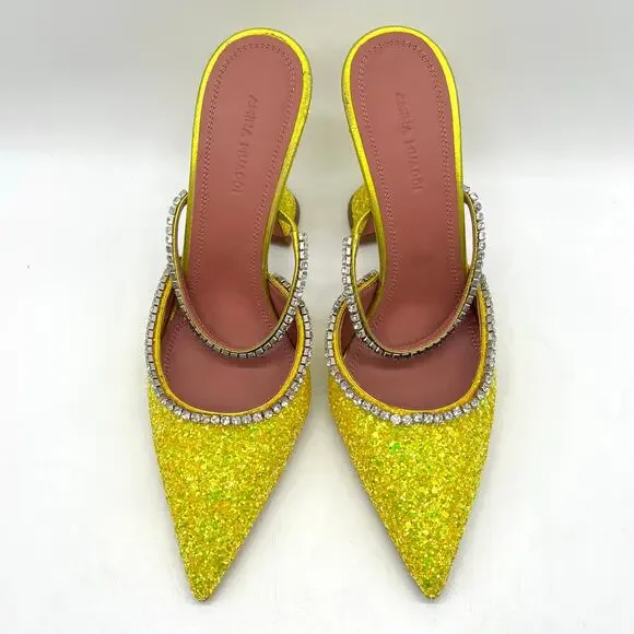 AMINA MUADDI Glitter Gilda Heeled Mule Women 8 Yellow Rhinstone Strap Pointy Toe - Picture 3 of 16